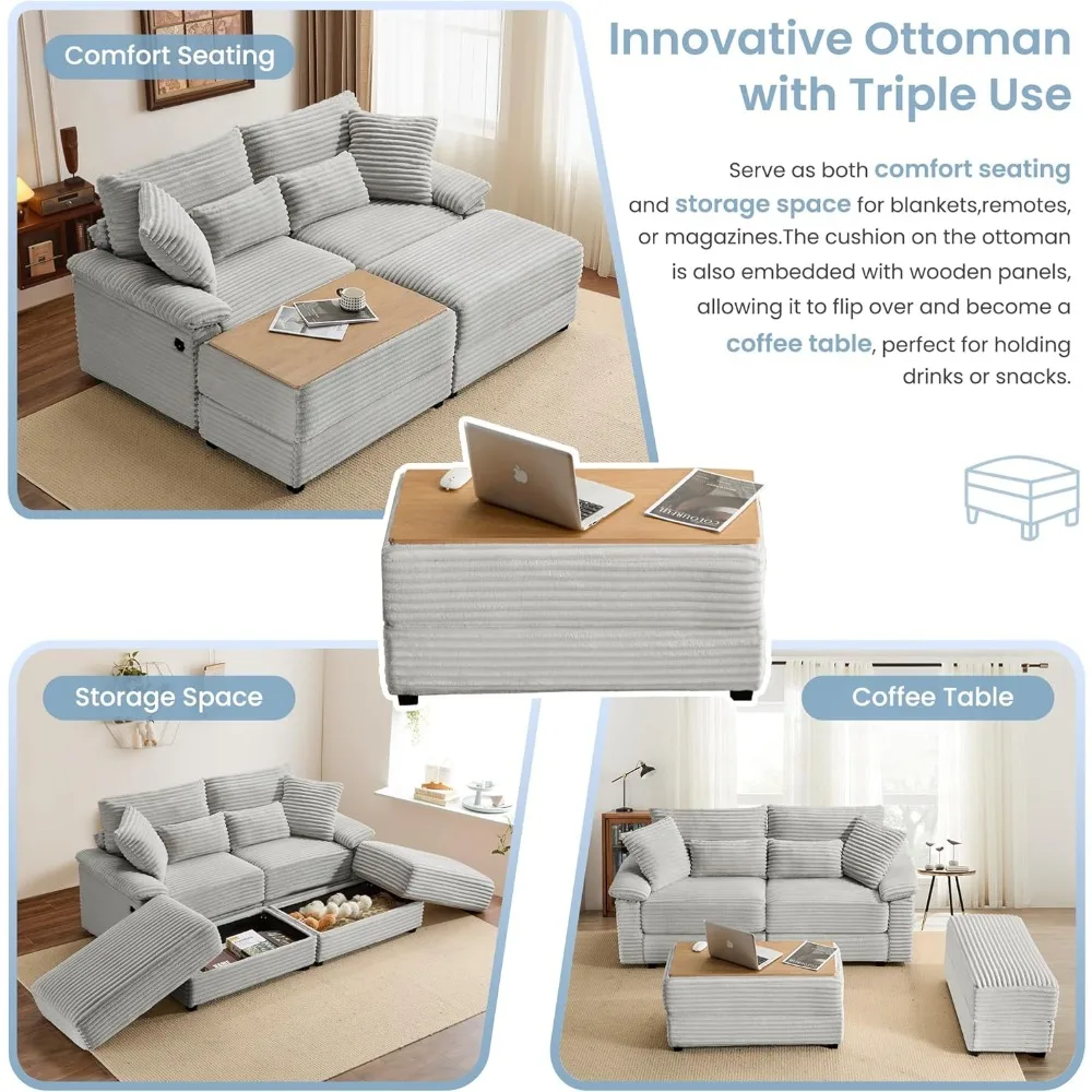 كرسي صالة مزدوج بحجم 74 بوصة داخلي، مقعد Loveseat كبير الحجم مع مسند، أريكة مقطعية سروال قصير مع شحن USB