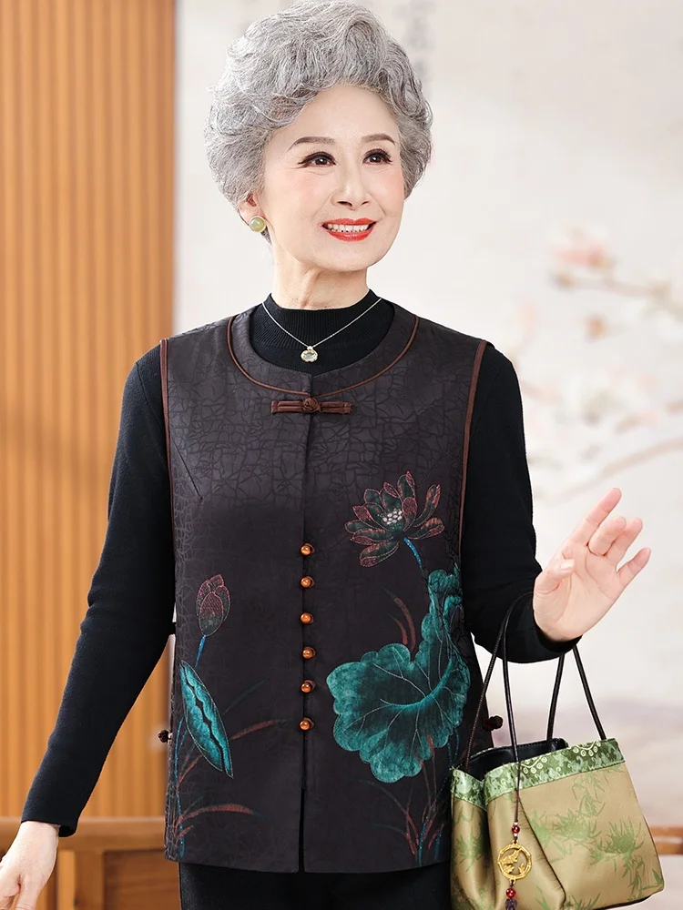 

Стильный жилет для мам среднего и старшего возраста, с китайским принтом, свободного кроя, на пуговицах, с длинными рукавами