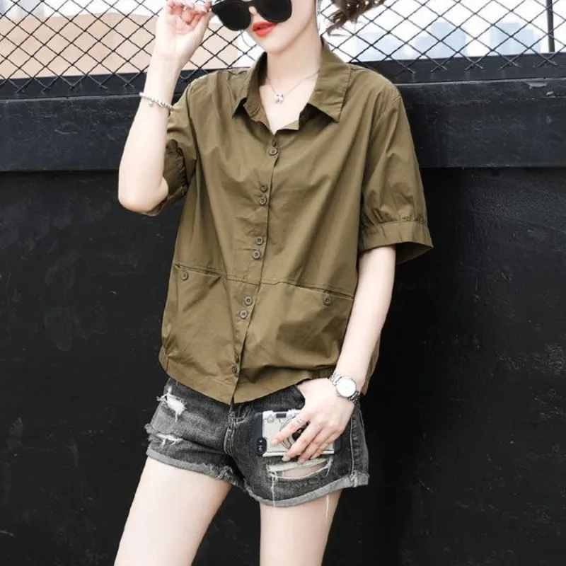 Temperament Versatile Summer Women\'s Polo Neck Pocket Fashion Casual Simplicity Loose Short Sleeve Single Breasted Shirt Tops