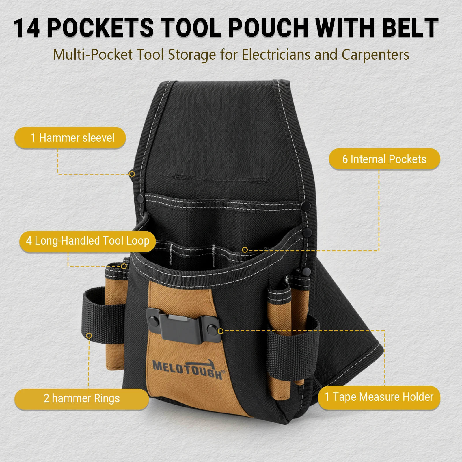 Electrician Tool Pouch,Small Tool Belt Pouch,Detachable Hammer Sleeve,Taper Measure Holder,Hammer Loop,Construction