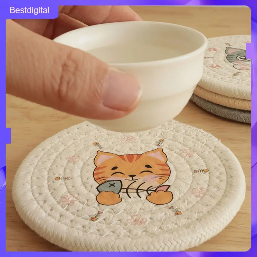 Heat Insulation And Anti-scalding Tea Ceremony Bowl Mat Durable Rattan Coasters Home Decoration Insulation Table Mat Cat Pattern