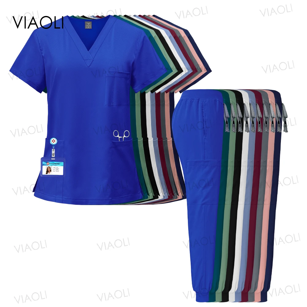 Multicolour Jogger Suits Doctor Nursing Uniforms Short Sleeve V-neck Tops Pocket Pants Nurse Scrubs Set Medical Clinical Clothes