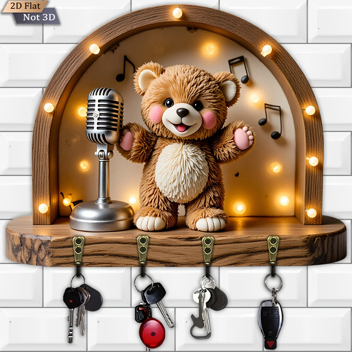 2D flach, 1 Stück, Schlüsselhaken mit Bärenmusik-Themen-Stil, multifunktionales Schlüsselregal aus Holz für Zuhause, mit vier Metallhaken, Wand