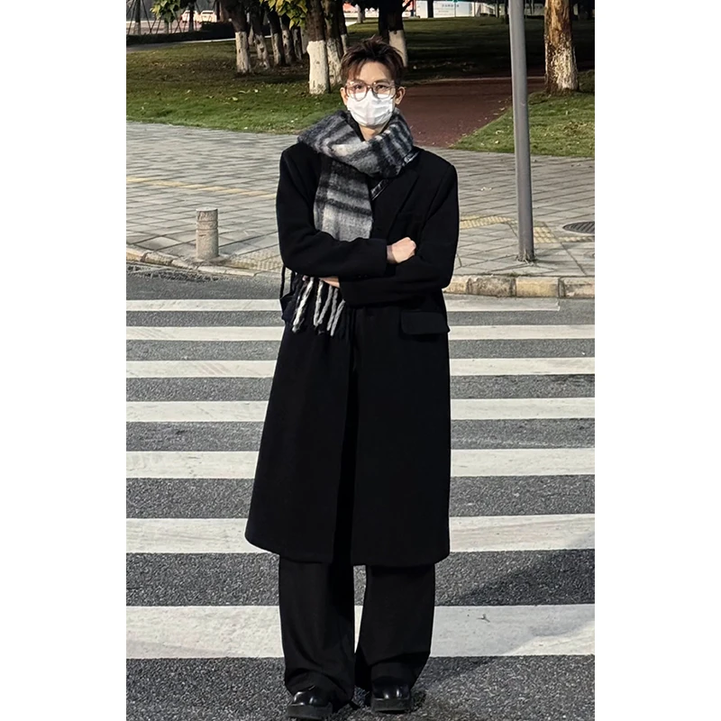 

Cleanfit Bla Knee-Length Men's Woolen Coat Winter Middle-Length Briti Sle Overcoat Polyester Fiber Long Sve Coat