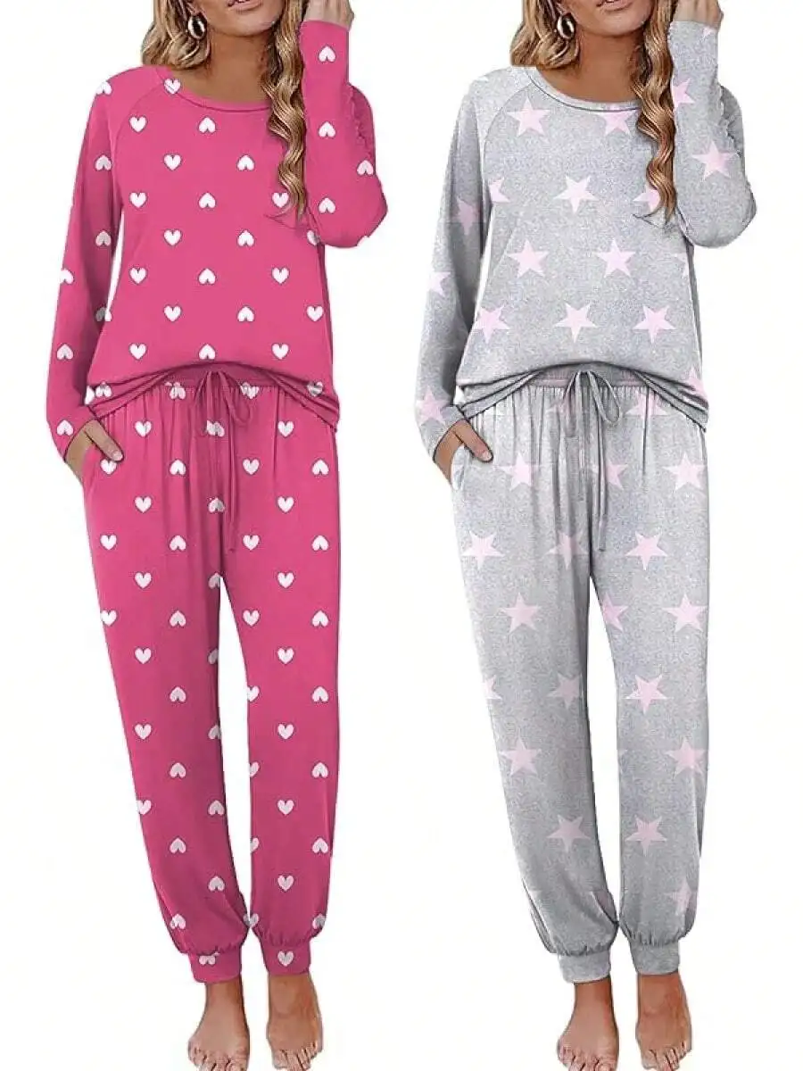 

2 Pack Women Long Sleeve Sleepwear Set With Heart And Star Print Jogger Pants Lounge Pajamas S-XXL
