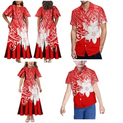 Floral Style Polynesian Tribal Pattern Women'S Short Sleeve Dress Children'S Long Dress With Men'S Boys' Shirt Party Family Wear