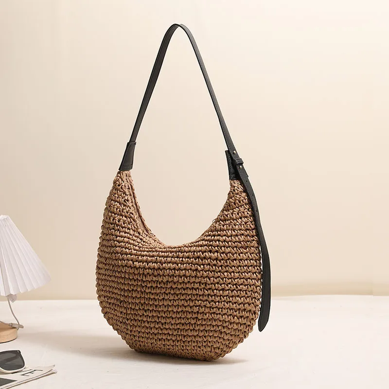 Modische Unregelmäßige Strohtasche Schulterhandtasche Einfarbig Neue Strand-Urlaubstasche für Damen Geflochtene Schultertasche Accessoire – Detail 12