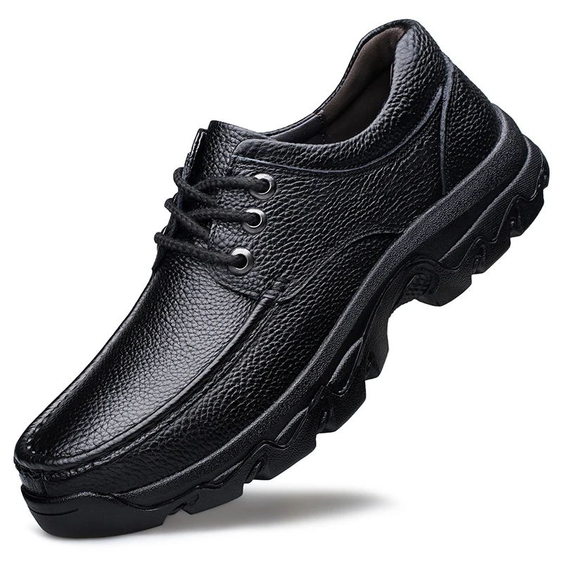 Men Black Genuine Leather Shoes Sturdy Hard Thick Rubber Sole Non‑Slip Casual Business Shoes Lace‑Up Durable Outdoor Work