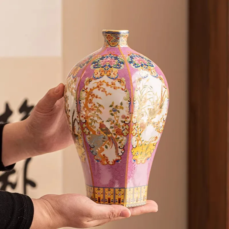 25cm/enamel color Qing Qianlong painted golden bird hexagonal plum vase antique porcelain home antique shelf Chinese style foyer