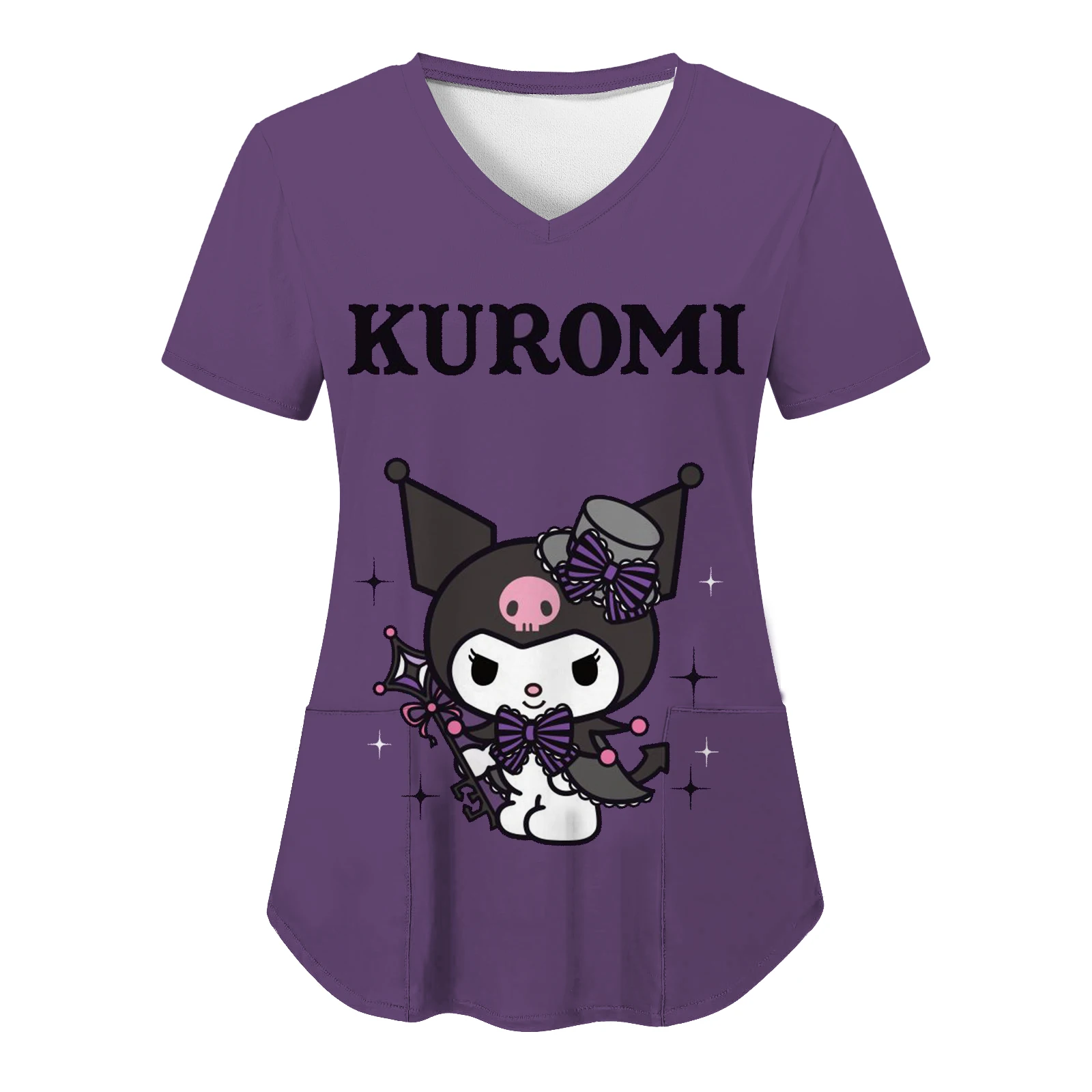 Sanrio Kuromi Hello Kitty Summer Top Tops Woman 2024 T-shirt Y2k V Neck HD Print Cartoon Pocket Women T-shirts New Nurse Uniform