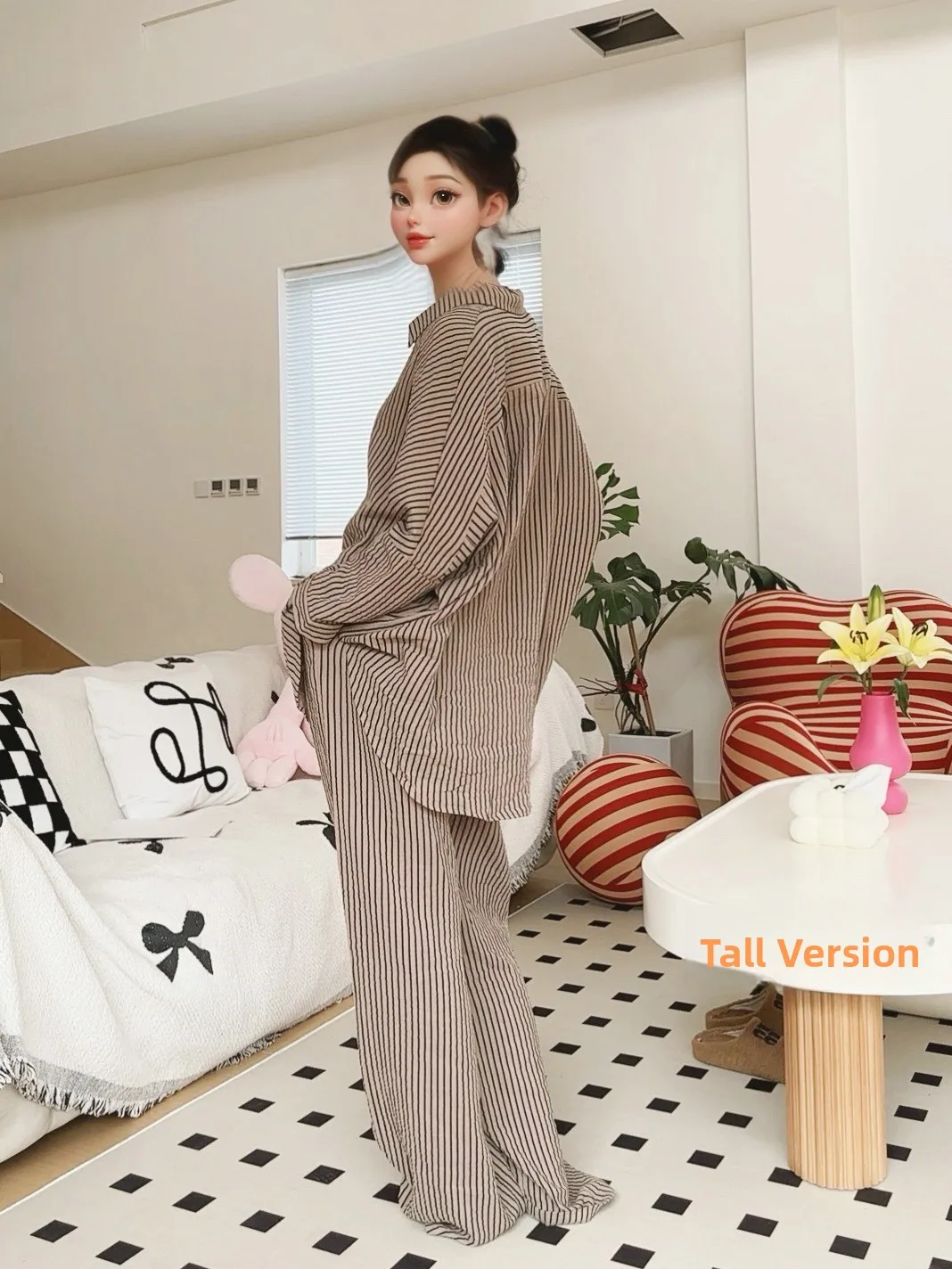 

Женский весенне-осенний хлопковый пижамный комплект, повседневный полосатый тканевый комплект с морщинами, длинные брюки, верхняя одежда, домашняя одежда