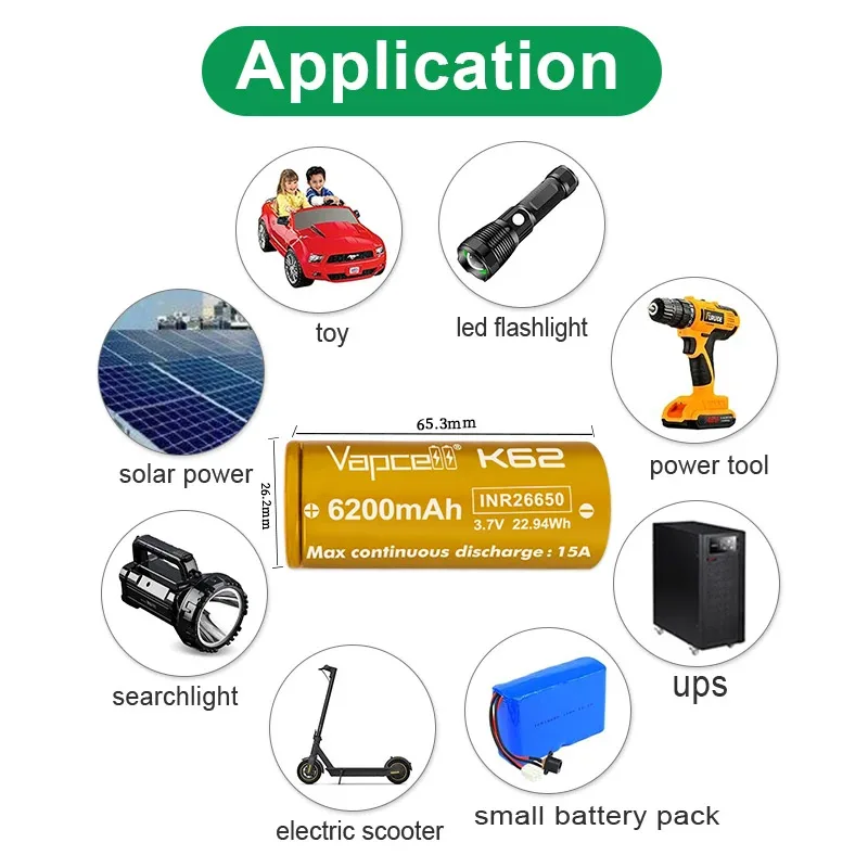 High-capacity Vapcell INR 26650 Battery 6200mAh Capacity CDR 15A 3.7V K62 Rechargeable Li ion Battery Battery Pack Searchlight