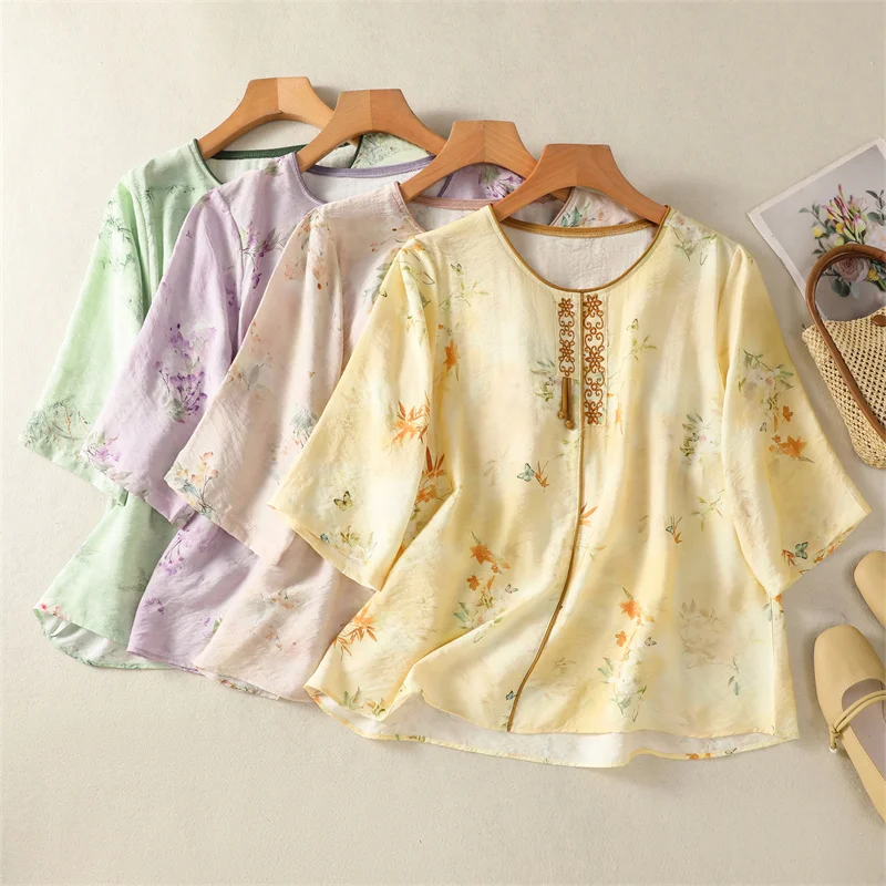 

Chinese Style Summer Flower Embroidered Cotton Linen Blouses Women Shirt Vintage Casual Loose V-neck Short Sleeved Top Tees