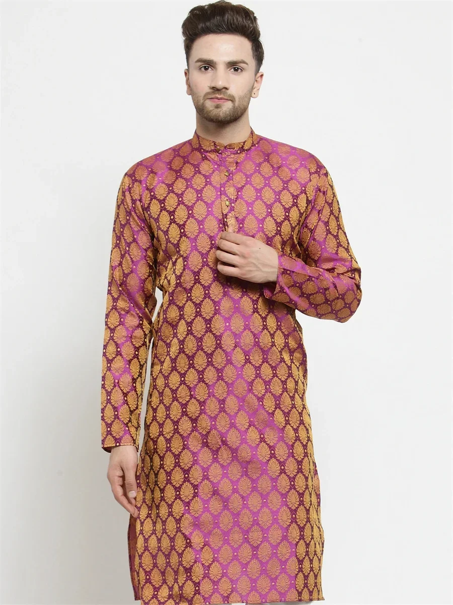 B7-1-3 Indian imported men's clothing ethnic style silk jacquard dark pattern medium long traditional clothing top thin 5-color