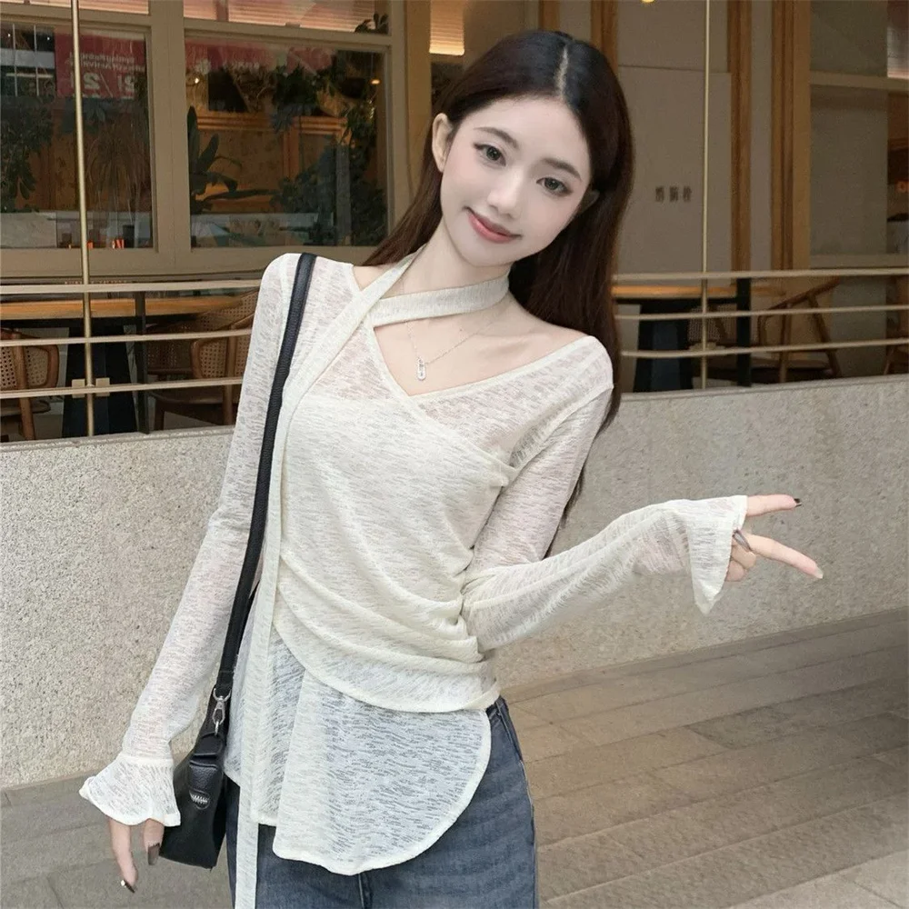 

Neck Irregular Waist Slim T Shirts Women's Fashion Streetwear Long Flare Sleeves Female Tops Korean Elegant Style Sexy Tees