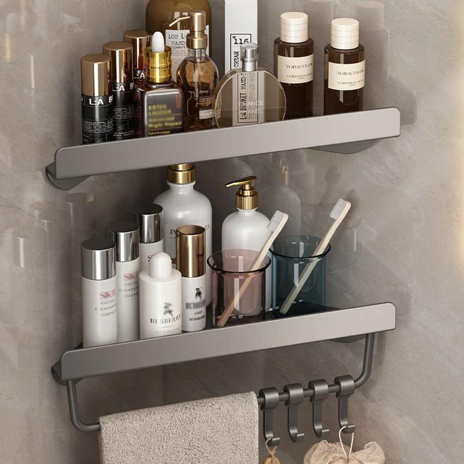 Bathroom Triangle Shelf with Hooks Grey Black Iron Metal Wall Mounted Lavatory Soap Storage Organizer Corner Rack for Kitchen