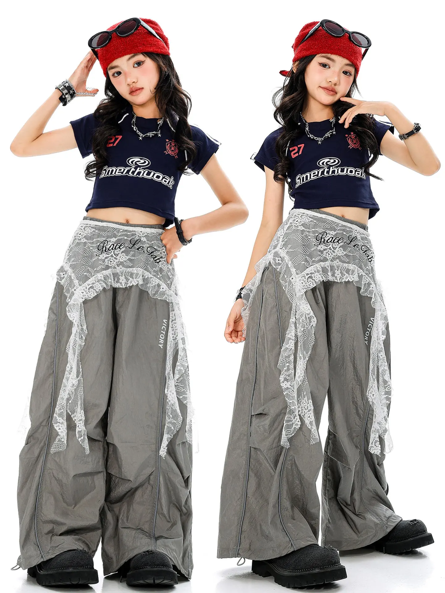 New Girls Hiphop Suit Jazz Dance Team Performance Clothes Short Sleeve Black Crop Top Pants Street Dance Costumes Wear DQL11200