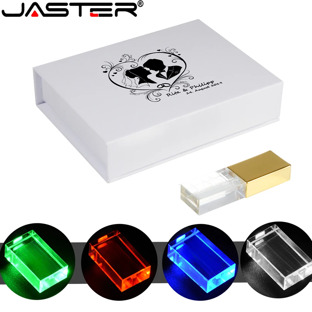 JASTER with Box Crystal USB Flash Drive 128GB LED Light Pen Drive 64GB Free Custom Logo Memory Stick 32GB Hot Sale U Disk 16GB