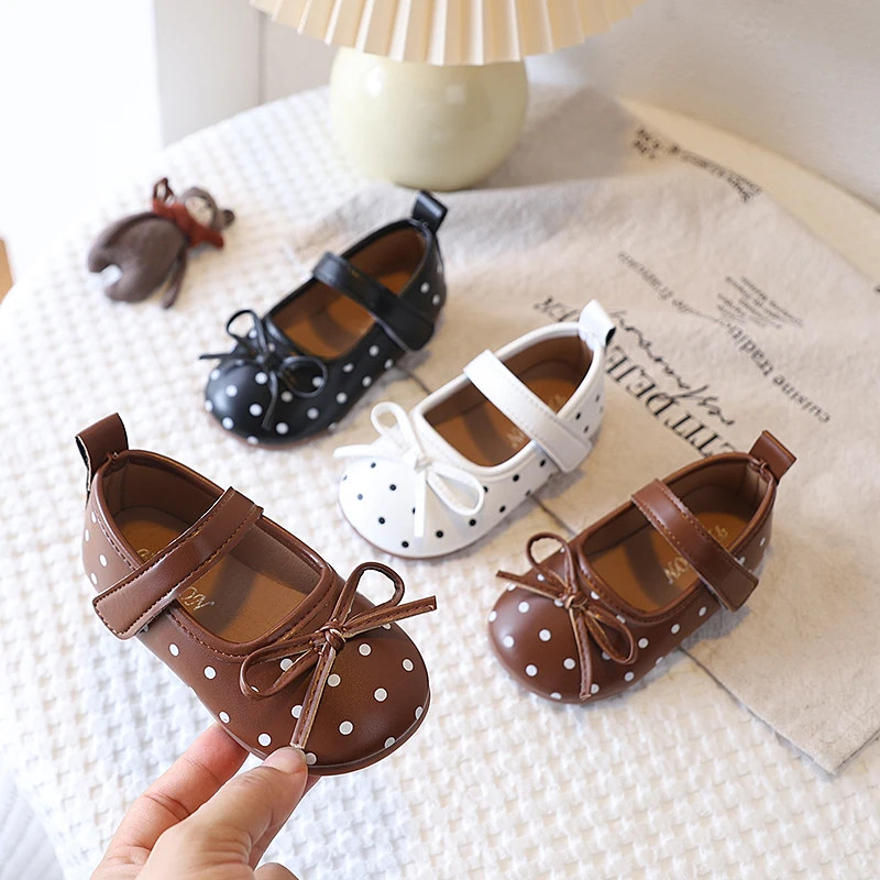 Autumn Girl'S Polka Dot Mary Jane Bow-Adorned Round Toe Kids Flats Toddler Versatile Anti-Skid Daily Casual Children Dress Shoe