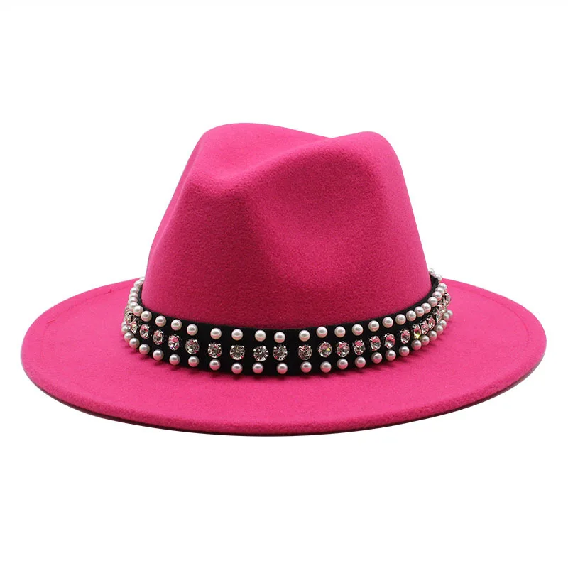 

European And American AliExpress Hot Sale Woolen Rose Red Top Hat Female Fedora Hat Flat Brim Fashion Hat