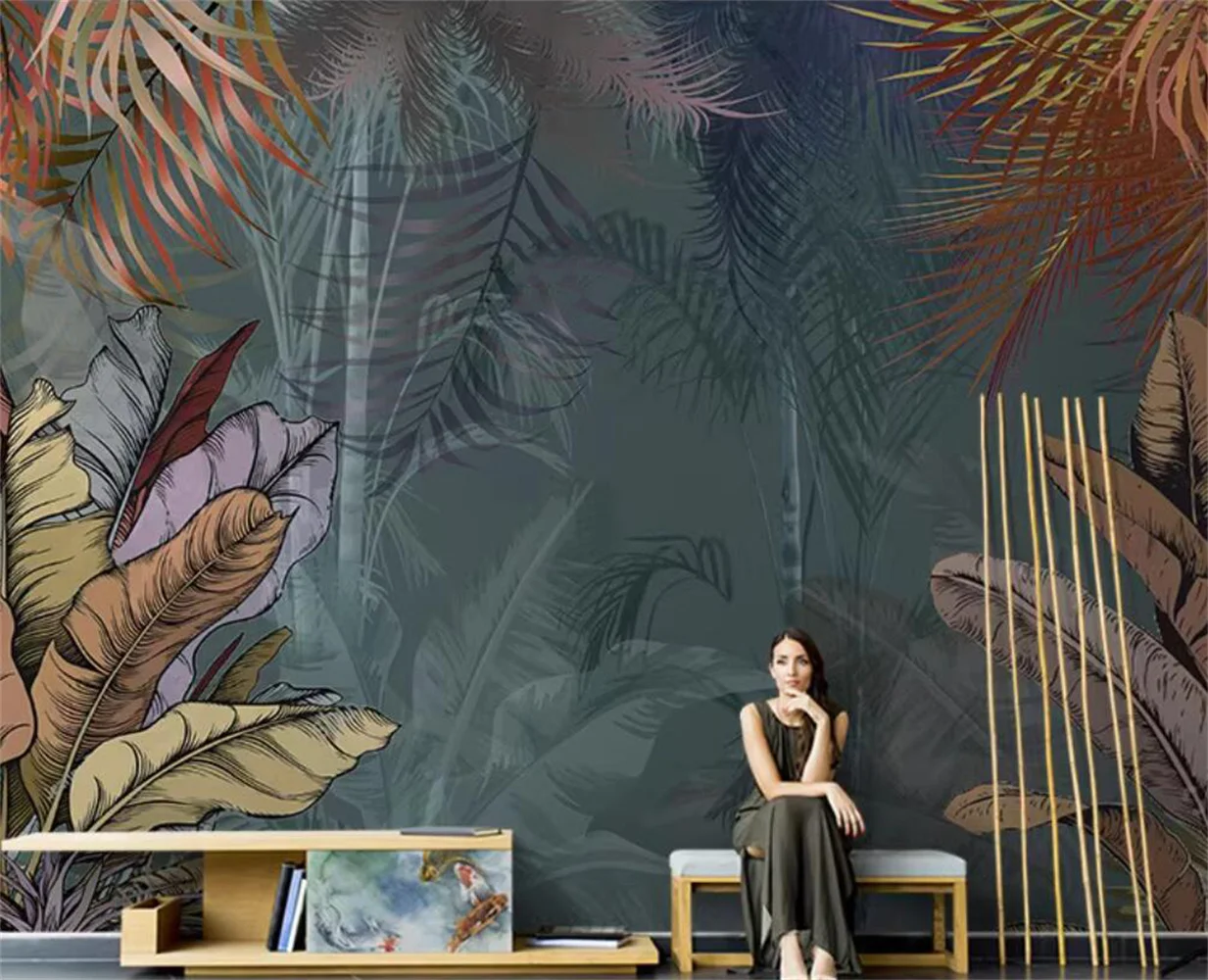 Customized wallpaper American hand drawn art banana leaf wall paper living room forest 3D mural TV background wall