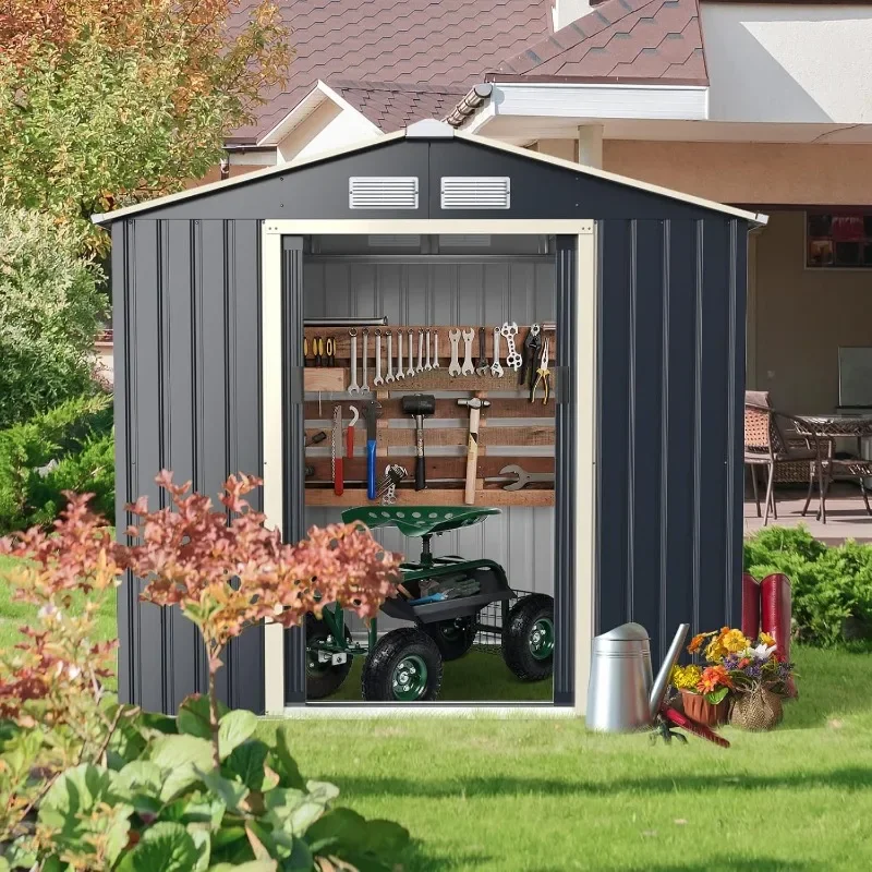 Outdoor Storage Shed with Double Sliding Door, Galvanized Metal Garden Storage Room, Front and Back Vent, Weather Resistant Tool