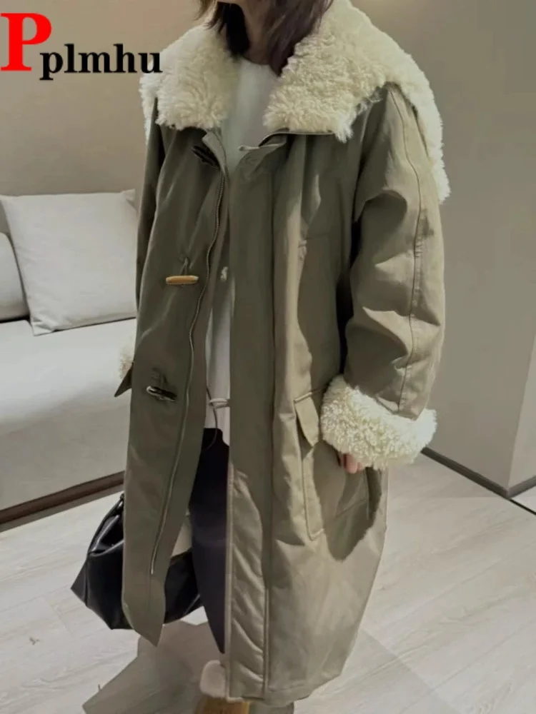 

Thickened Warm Fur Collar Jackets Casaco Women's Casual Baggy Horn Button Trench Coat Fashion New Loose Patchwork Abrigos