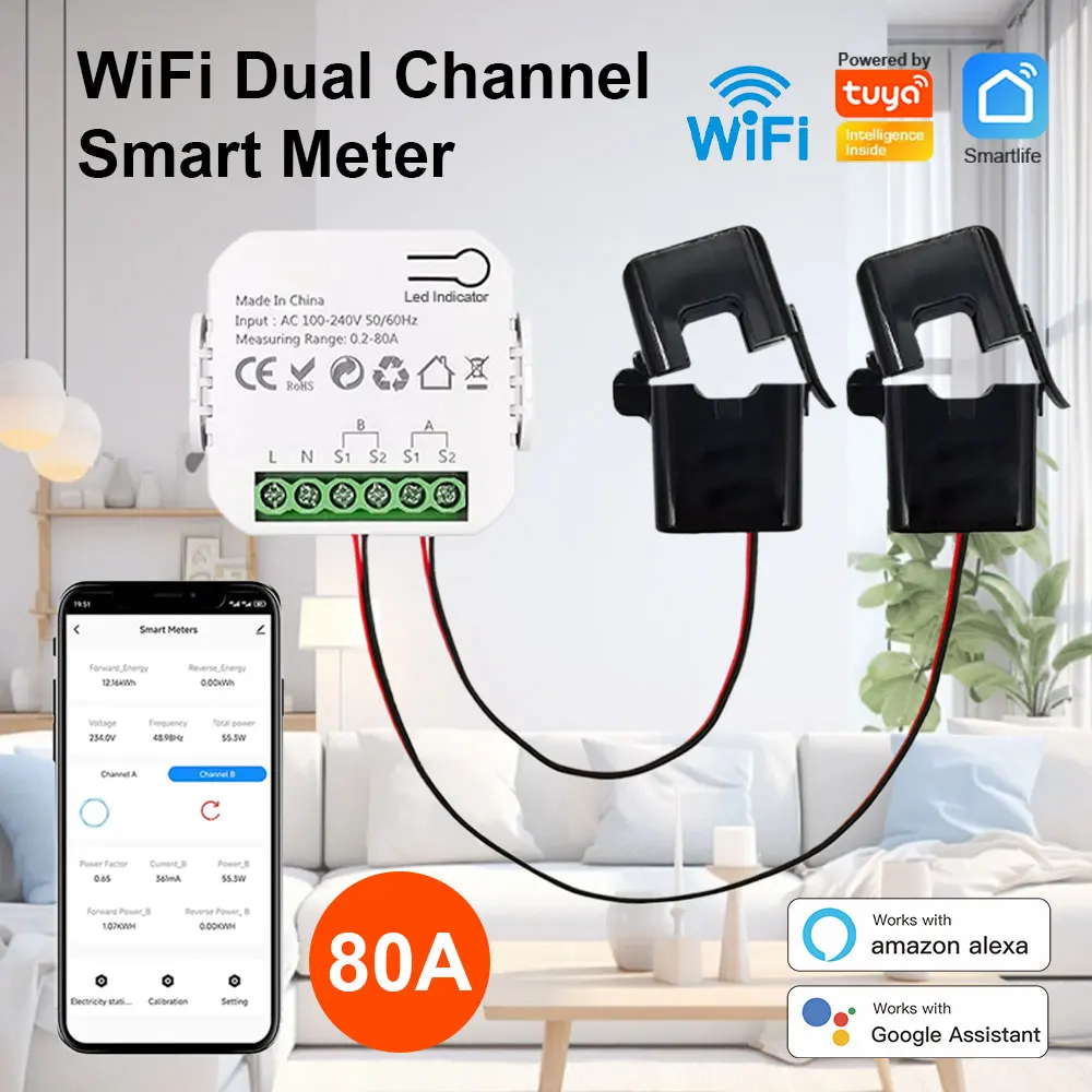 

80A Wi-Fi Tuya Интеллектуальный счетчик энергии Солнечная фотоэлектрическая система Потребление энергии Двунаправленный счетчик мониторинга Управление через приложение