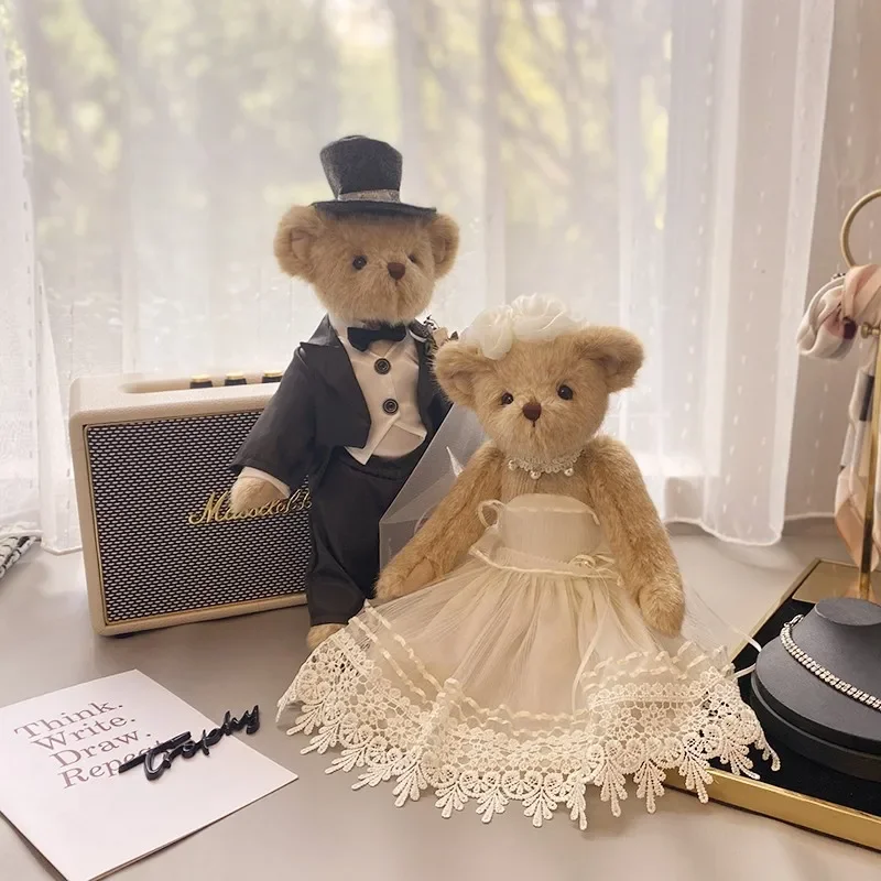 A pair Full joint movable Wedding dress Teddy Bear Plush Toy stuffed animals dolls Valentine Wedding gift  Window decorations