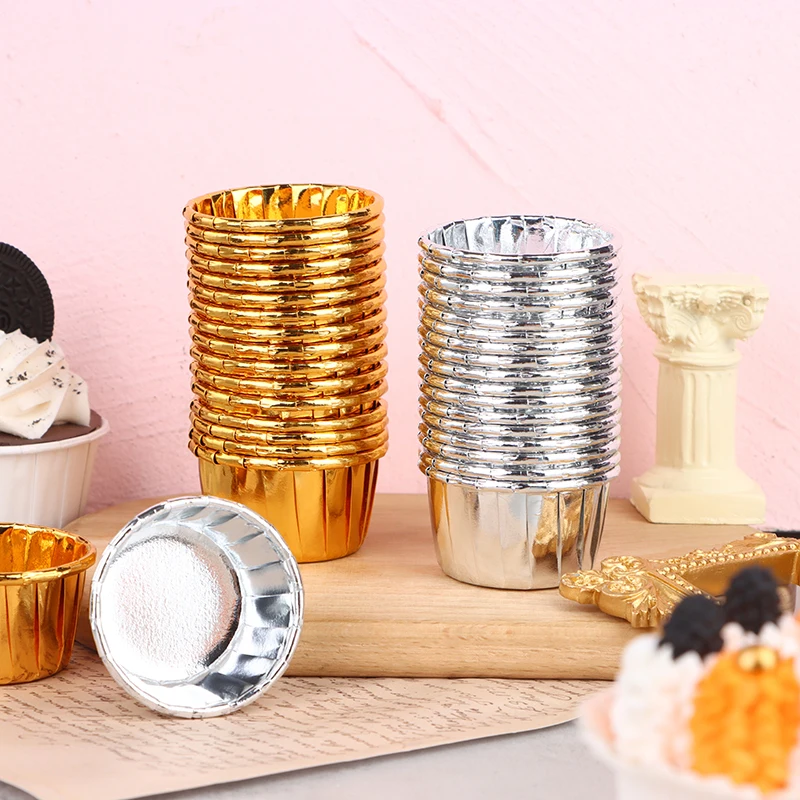 50pcs Mini Cupcake Foil Cupcake Wrapper Paper Gold Silver Cupcake Baking Cups Used For Towing A Variety Of Cakes, Mousse