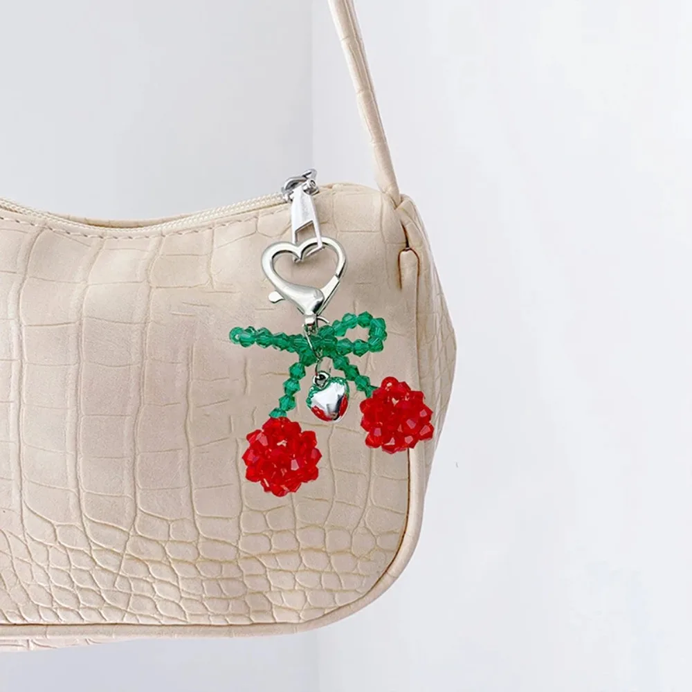 New Crystal Cherry Heart Keychain Cherry Beaded Bag Pendant Bowknot Phone Chain