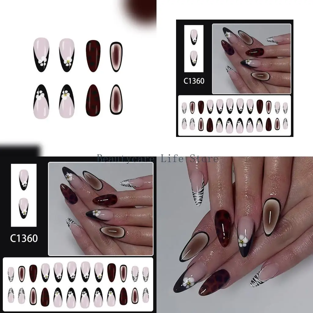 

652C 24шт французский дизайн накладные ногти леопардовые полоски цветочные украшения накладные ногти