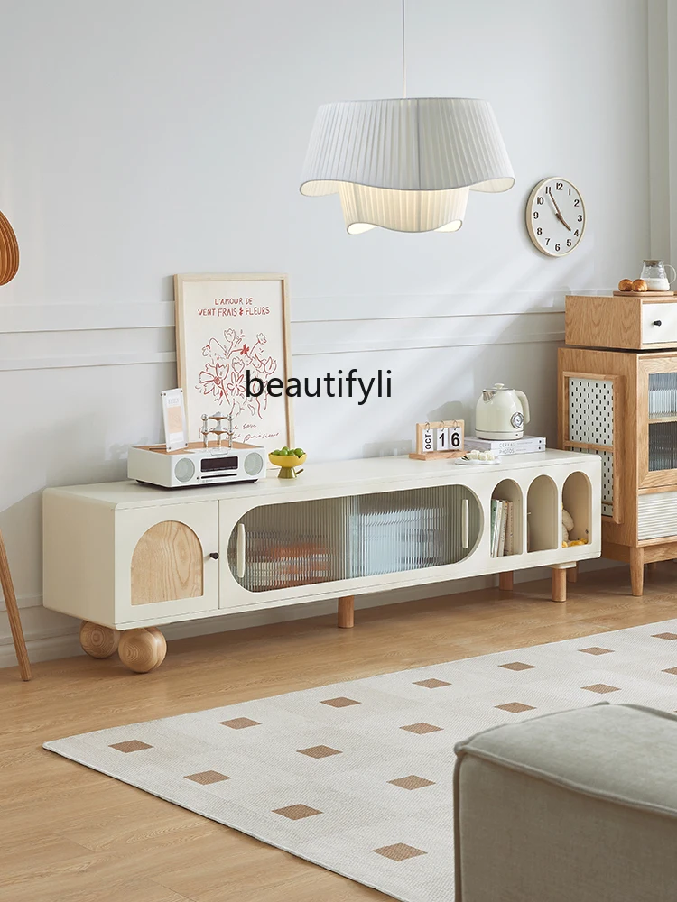 

Cream Style TV Bench for Bedroom Storage Locker Integrated Floor Cabinet Small Living Room Glass Cabinet Nordic