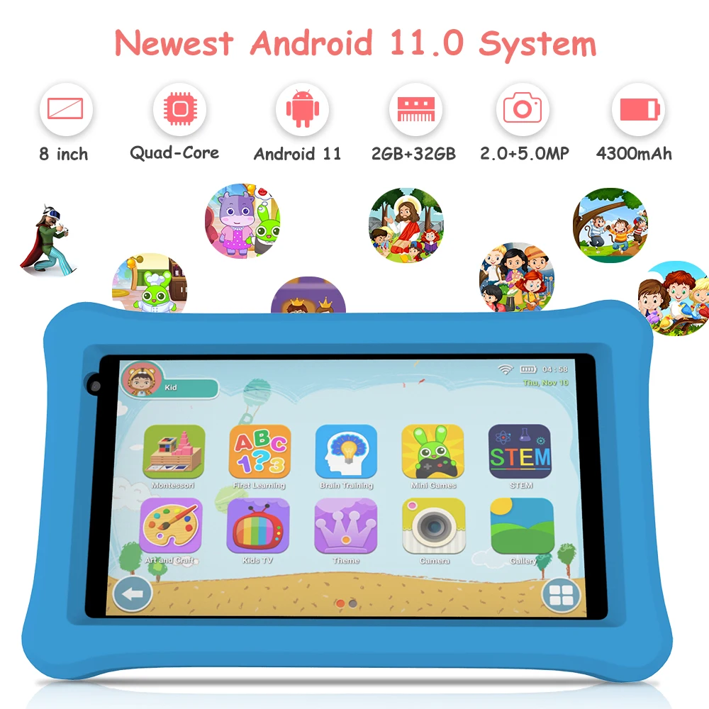 QPS tableta de 8 pulgadas Android PC 4500mAh 2GB RAM 32GB ROM tabletas de aprendizaje para niños tableta para niños con soporte