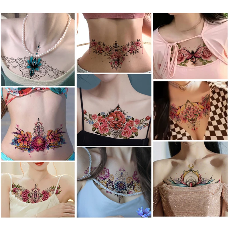 Chest Temporary Tattoos For Women Underboob Adult Sexy Rose Flower Fake Tattoo Sexy Waterproof Tatoos