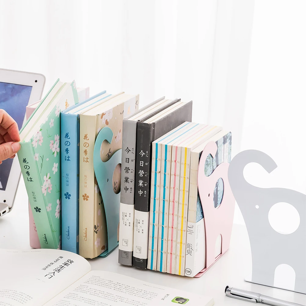 

1Pair Elephant Bookends Metal Book Support Desktop Organizer Books Notebooks Magazines Home Office Book Stand