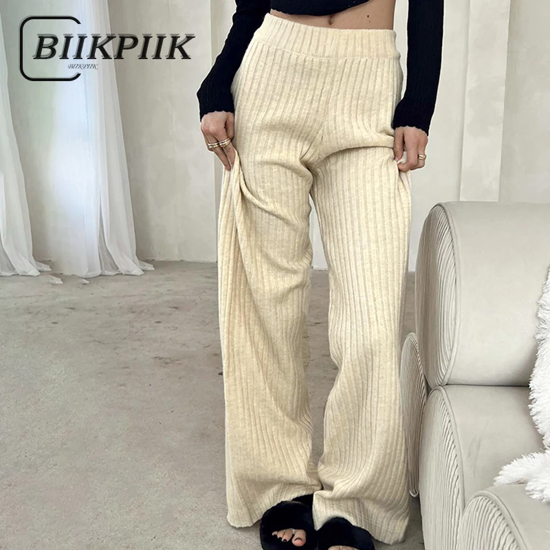 

BIIKPIIK Casual Loose Fit Knitted Pants Simple Elegant Women Trousers Elastic Waist Autumn Winter Slacks Solid All-match Bottoms