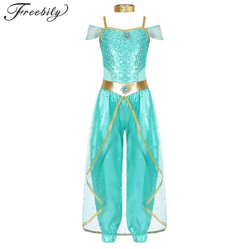 

Kids Girls Arabian Princess Costume Indian Princess Dress Up Bollywood Belly Dance Costumes Shiny Sequins Jumpsuit