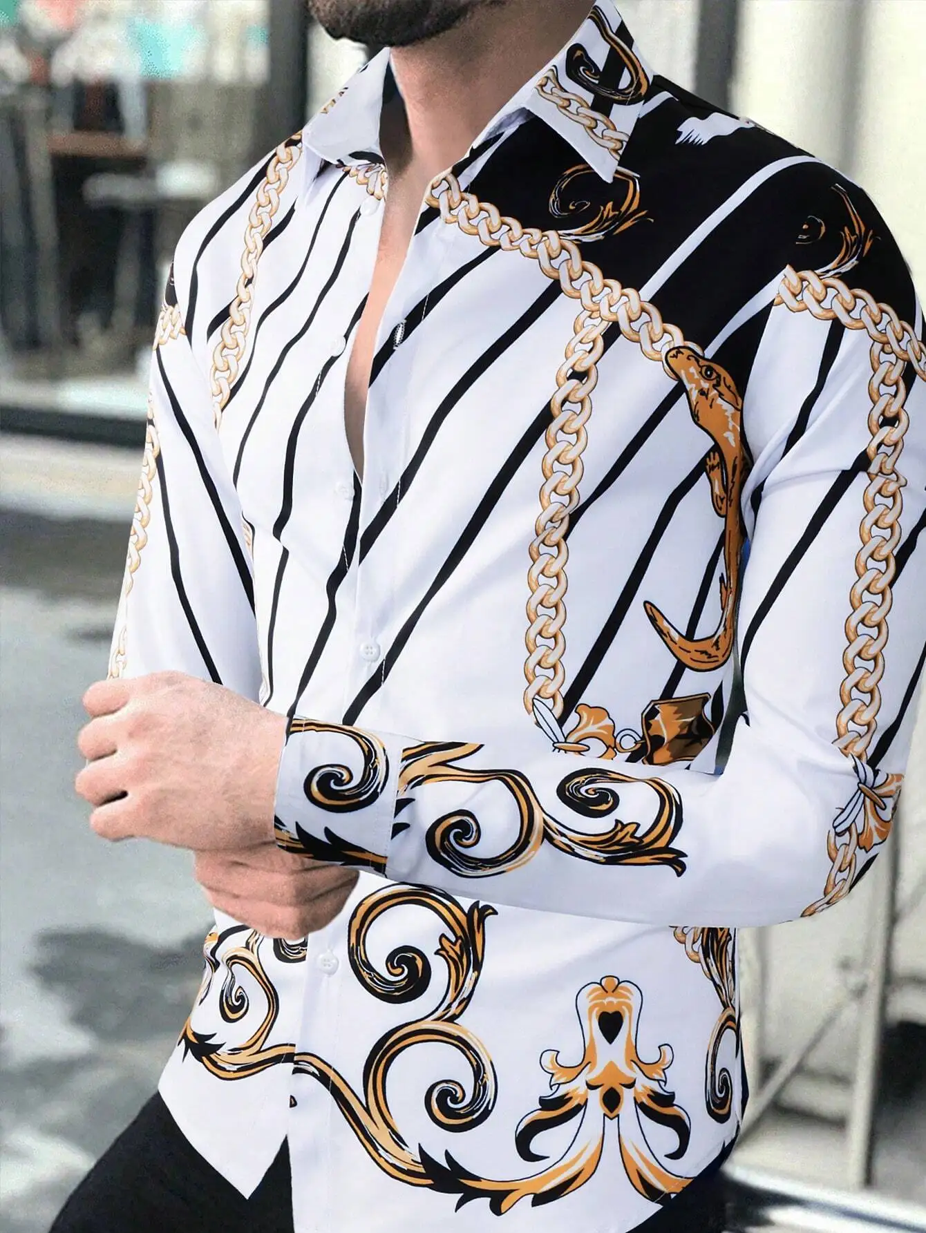 

Men's Long Sleeve Button-Up Shirt with Chain & Baroque Print, Casual Fall Wear