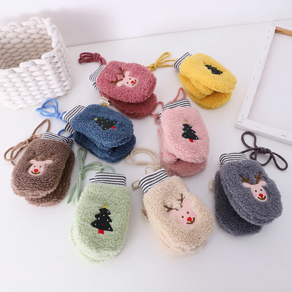 

1Pair Baby Hanging Neck Gloves Kids Full Finger Warm Winter Knitted Mittens Cartoon Design Windproof Toddlers Lovely Gloves