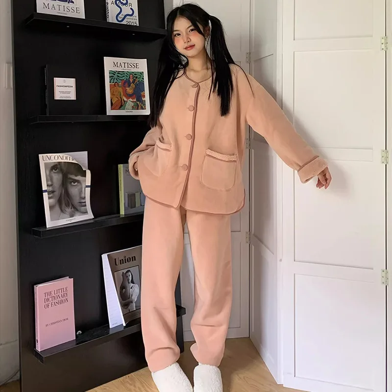 Female Winter New Thick A Loungewear Set Can Be Worn Outside Comfort Soft Button Maiden Advanced Temperament Flannel Pajamas