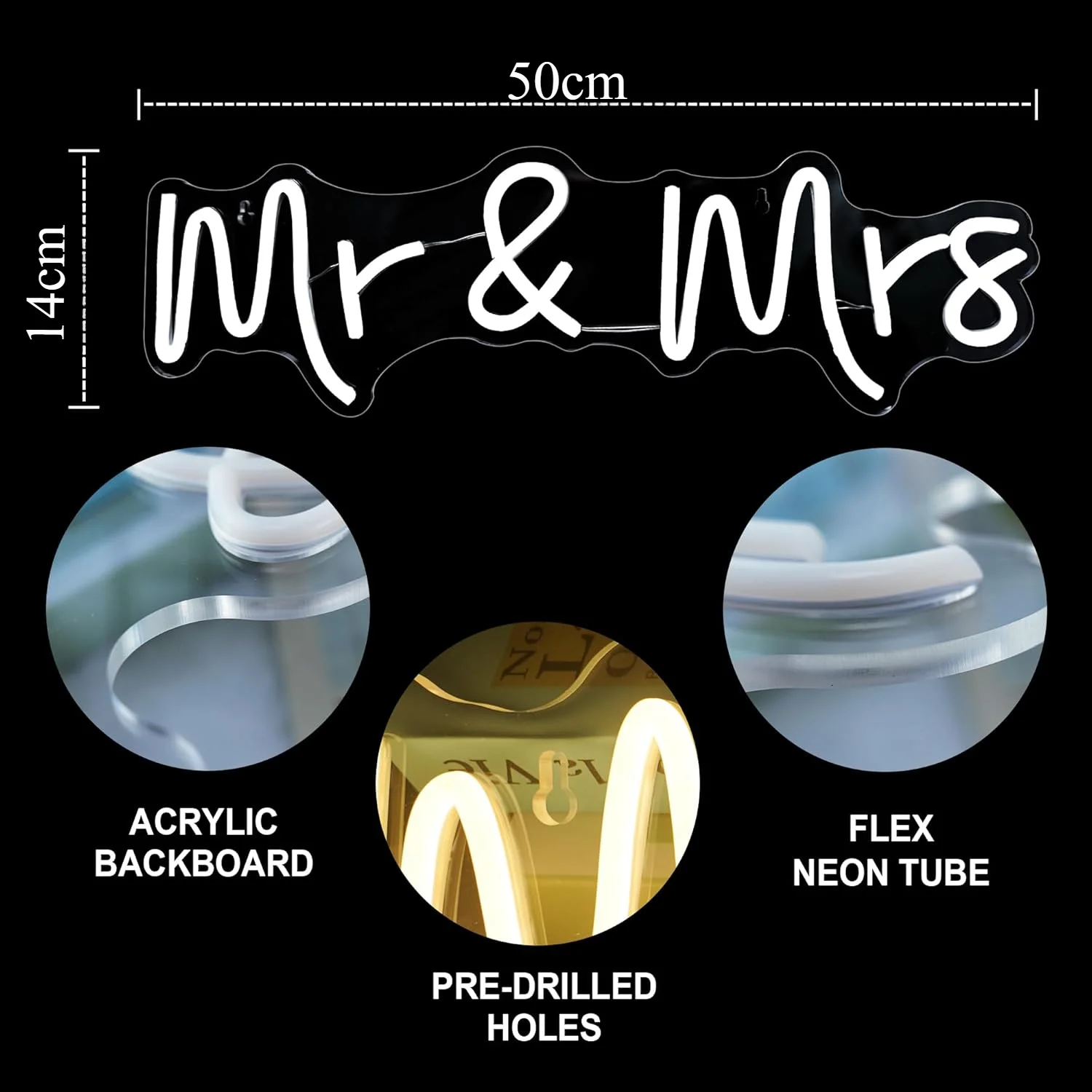 Mr Mrs Neon Sign LED Wall Art USB Powered Acrylic Warm White Glow Wedding Backdrop Reception Party Bedroom Wall Decor Gift