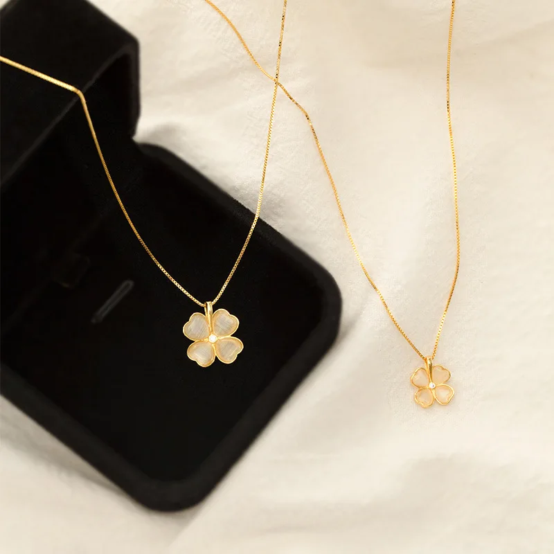 

Серебряное колье GL S925 с камнем кошачий глаз и изящным дизайном в виде четырехлистного клевера, простое и элегантное колье-чокер, идеальный подарок.