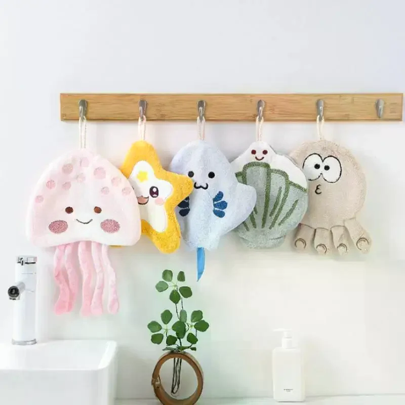 Cartoon Marine Organism Hand Towel Quick Drying Kitchen Towel Cleaning Rag Coral Velvet Absorbent Hanging Towel Bathroom
