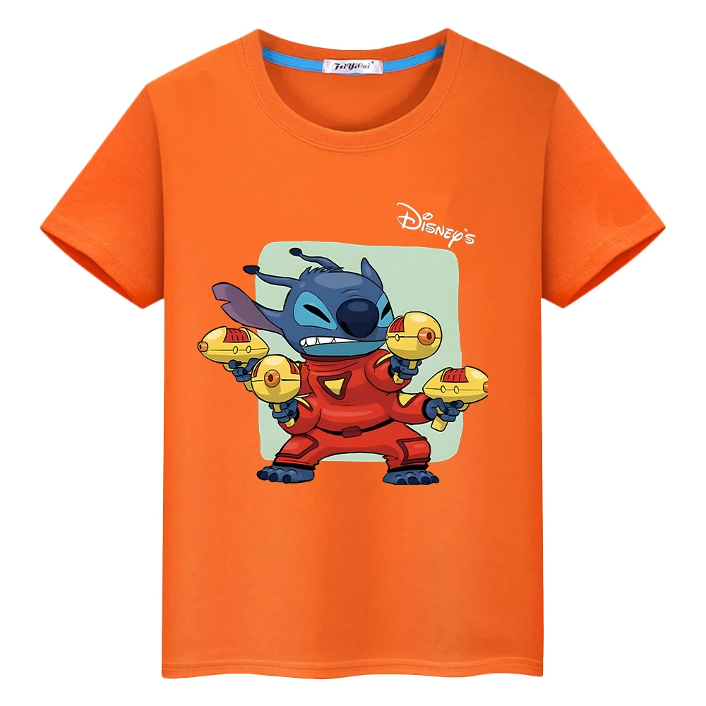 Stitch disney impressão 100% algodão t camisa para crianças menino 10 anos bonito curto casual topos anime t y2k uma peça crianças roupas meninas