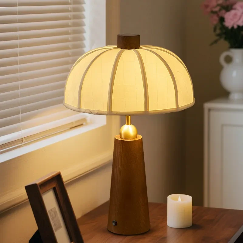 Chinese Song Dynasty Style Solid Wood Table Lamp Retro Fabric Shade Bedside Light for Living Room Bedroom Study Home Decor