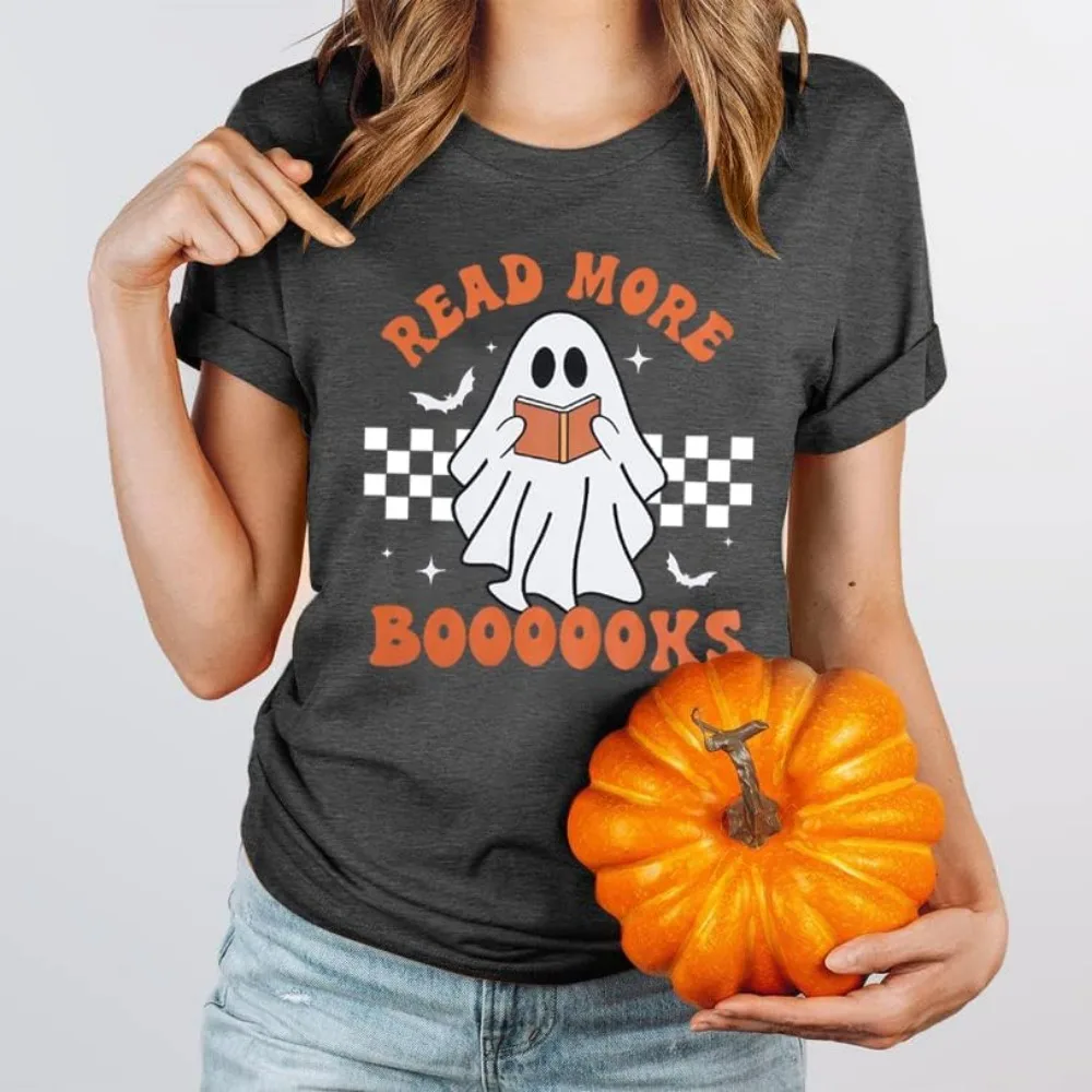 Halloween Teacher Shirts for Women Groovy Read More Books Ghost T-Shirt Short Sleeve Halloween Party Tee Tops