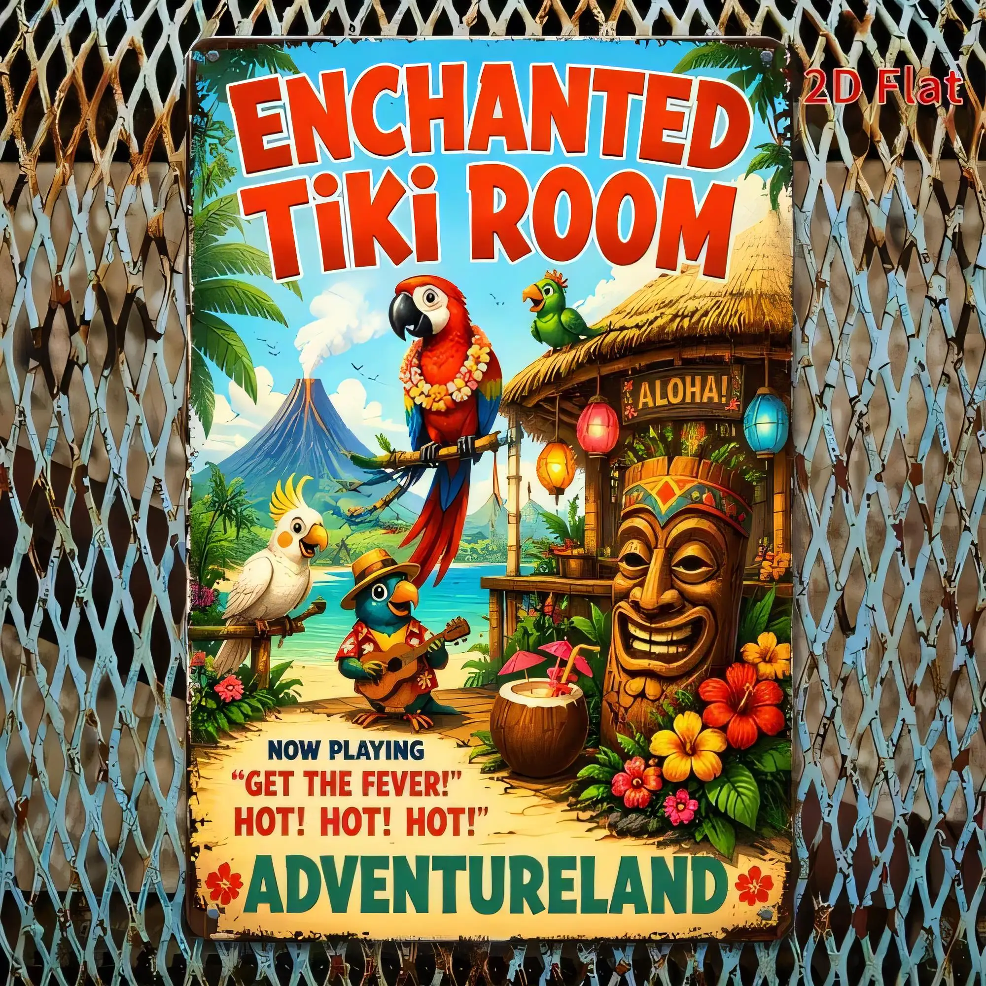 Tin Sign Enchanted Tiki Room  Retro Travel Poster Wall Art, Tropical Aloha AdventureLand Hot Hot Hot Design, Vintage Hawaiian Be