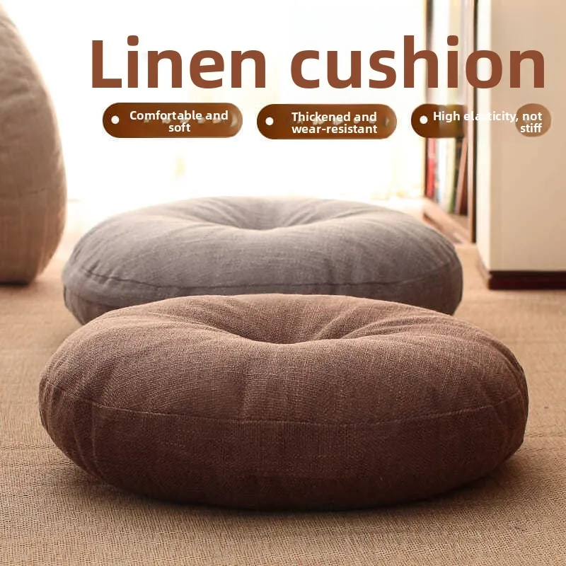 Large Round Tufted Linen Pouf Ottoman Thickened Floor Cushion for Living Room