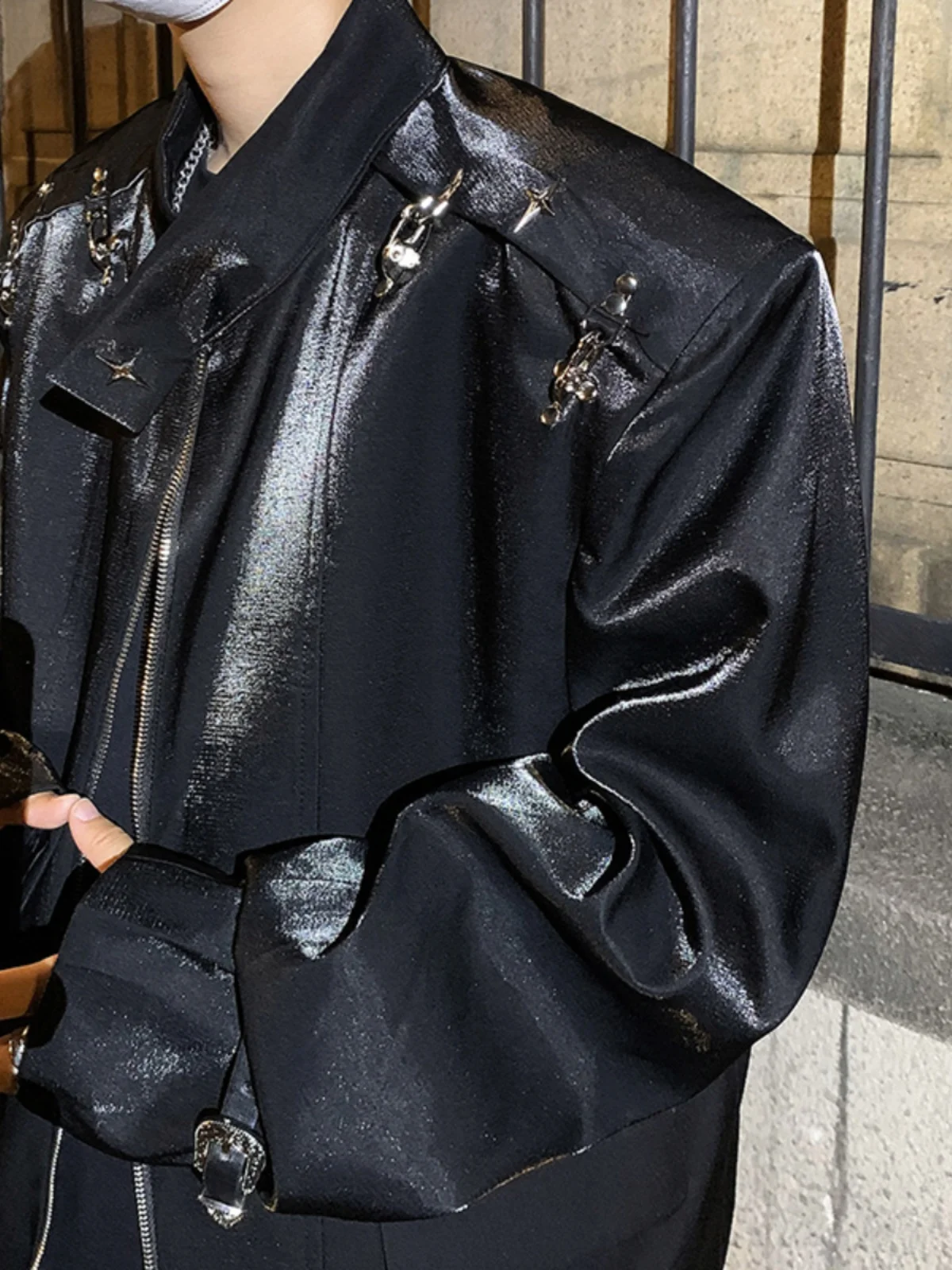 

Vintage Motorcycle Jaet Pad oulder Stand Collar Spring Autumn Faionable Haome Aircrt Bule Design Outerwear